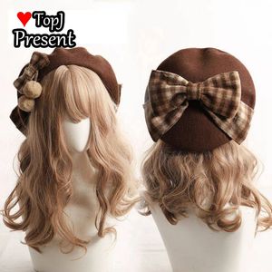 Berets japonês kawaii boina chapéu lolita adolescente coração doce lã artesanal bonito laço bowknot quente outono inverno pintor chapéu cocar 231204