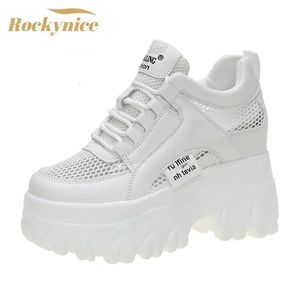 Höjd ökande skor andas mesh chunky vita sneakers kvinnor sommar ihålig ut mesh plattform sandaler kvinna höjd ökad avslappnad sko 10 cm 231204