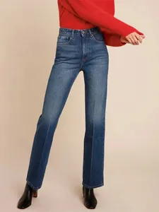 Women's Jeans Dark Blue High Waist Slim Straight Cotton 2024 Spring Summer Ladies All-Match Denim Long Trousers