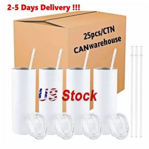 20oz Straight Sublimation Tumblers Water Bottles Blank White with Lid Straw 20 oz Stainless Steel Vacuum Insulated Car Mugs