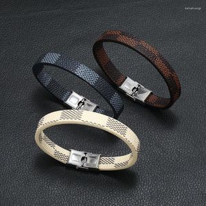 Charme Pulseiras Europeu e Americano Retro Simples Mão Tecido Listrado Couro Titânio Pulseira de Aço Inoxidável Pulseira Masculina