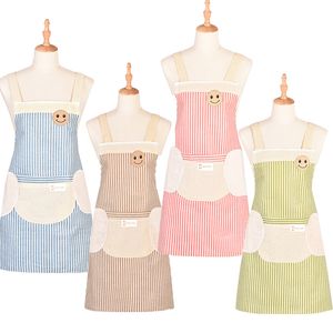 Smiling Face Printed Cooking Apron Stripe Can wipe hands Kitchen Restaurant Household Anti oil pollution Sleeveless Lace up neck hanging Apron Customizable