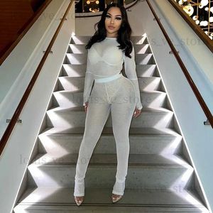 Women's Two Piece Pants Hollow Out Wheat Ear Mesh Two Piece Set Women Summer See Through Long Sleeve Top High Waist Flare Pants Casual Jogging Suits T231204