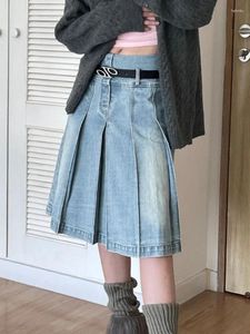 Etekler Bahar Yaz Pileli Denim Etek Kadınlar Moda Vintage Yüksek Bel Diz Uzunlukta A-Line MIDI MIDI CASE SOKAK GİYESİ