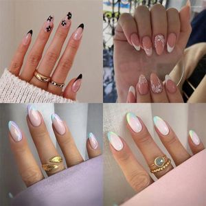 Falsas unhas 24 pcs longa flor de amêndoa francesa dicas de unhas falsas DIY cobertura completa destacável