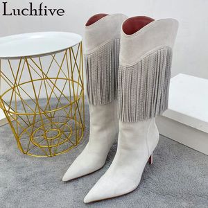 Boots Quality Fashion Week Knee High Boots Women Crystal inlaid Tassel Design Pointy Toe Thin High Heel Long Boots Luxury Brand Boots 231204