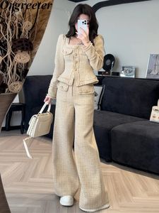 Kvinnor Tvåbitar byxor Temperament Vintage Tweed 2 Set Women Outfit Short Jack -kappa Pant Sets Streetwear Woolen Trousers Suits 231202