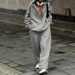 Women's Two Piece Pants Women Front Open Sweatshirt & Elastic Waist Pant Set Casual Hollow Out Hoodie Palazzo Comfy Solid Color Tracksuit