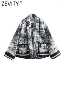 Casacos de Trench das Mulheres ZEVITY Mulheres Vintage Tinta Pintura Imprimir Costura Acolchoada Algodão Acolchoado Jaqueta Feminina Chique Retro Kimono Casaco Tops