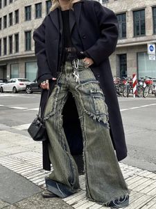 Jeans masculinos sem fath artesanato pesado lavado desbotado angustiado micro flare solto franja reta denim qualidade unissex