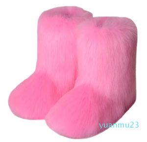 Flat Heel High Top Warm Winter Fur Boots with Deep Mouth Round Head Mid Barrel Faux Fox Hair Snow Bo