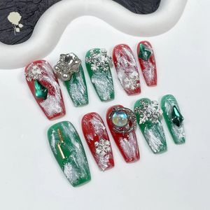 Unhas falsas XXIU Pure Handmade Nails Press on Full Cover Professional Nails Natal Snowy Night Snowflake Pile Diamonds Mid-Length 231204