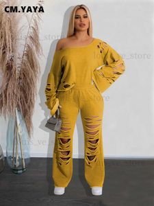 Kvinnors tvådelade byxor CM.Yaya Street Women Cutout Long Sleeve T-shirt och ihåliga ut breda benbyxor Passar 2023 Fashion Two 2 Piece Set Outfit Tracksuit T231204