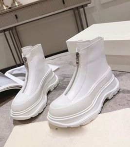 Kutu Erkek Kadınlar Tread Slick Zip Boot Siyah Beyaz Buzağı Deri Yuvarlak Toe Dokulu Kauçuk Sarma Ayak Bileği Botları Konfor Çift Kış Yürüyüş EU35-45