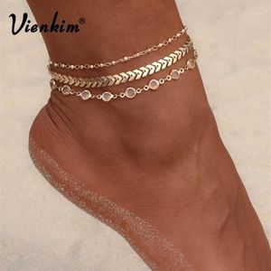 Tornozeleiras Vienkim 3 Pçs / lote Cristal Lantejoulas Tornozeleira Set Praia Pé Jóias Vintage Tornozelo Pulseiras Para Mulheres Presente de Festa de Verão 20221315m