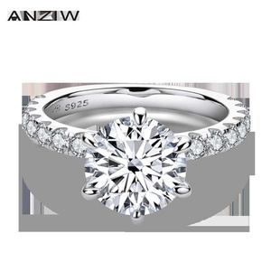 Anziw 925 prata esterlina 4ct anel de corte redondo para mulher 6 pontas simulado diamante noivado anel de banda de casamento jóias2633