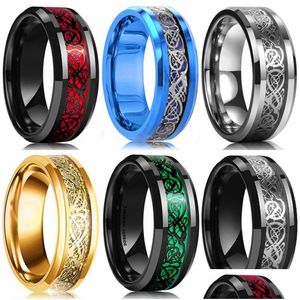 Bandringar 8 färger 8mm herrar rostfritt stål drake ring inlay röd grön svart kolfiber ringar bröllop band smycken storlek 6-13 droppe dhc7p