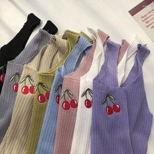 Kvinntankar Cherries broderi ärmlös ropa para mujer beskuren svart topp stickad tank vit ribbad camis lila grödor klädkläder