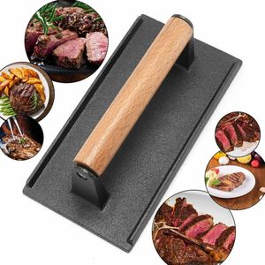 Meat Poultry Tools Kitchen Heavy Cast Flat Iron Steak WeightBacon Press with Wooden Handle HeavyWeight Grill Commercial Grade Burger 231204