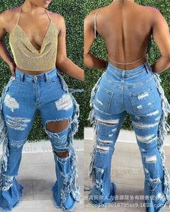 Women's Jeans High Waist Ripped Cutout Fringe Jeans Autumn 2023 Women Denim Blue Hole Tassel Pocket Button Long Y2k Pants Flared Trousers T231204