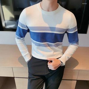 남자 스웨터 카운터 컬러 반 고위 목 줄무늬 가을 겨울 모델 한국 버전 슬림 한 미드 넥 따뜻한 니트 풀오버