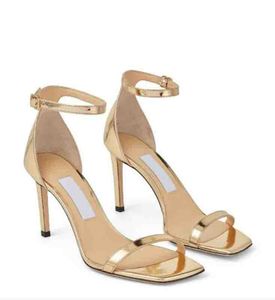 Mulheres de ouro sandália designer de salto alto Alva 85mm sandálias glitter couro aberto dedo do pé e tira no tornozelo vestido de noiva de salto fino sapatos sexy com caixa 35-43EU