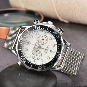 Omegg Men Five Needles Full Function Date Chronograph Calender All Dial Work Sapphire Luxury Mens Watches Quartz Watch Brand Designer Clock Steel Belt 01
