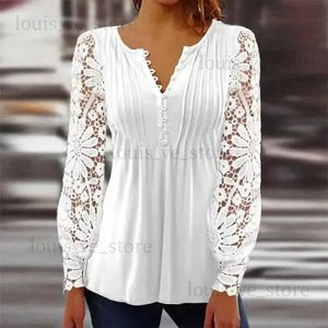 Женская футболка Сексуальные кружевные блузки Женщины v Neck Hollow Out Out с длинным рукавом плиссированные кнопки Tops Женская 2023 Новая одежда Большие рубашки T231204