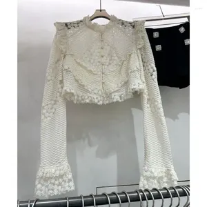 Blusas femininas outono indústria pesada pequena fragrância estilo laço pérola botão camisa feminina topo moda manga longa magro curto