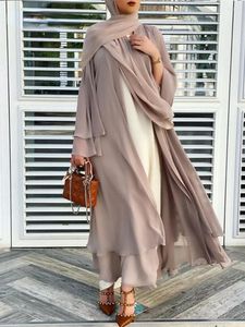 Roupas étnicas Moda Chiffon Abaya Kimono Dubai Muçulmano Cardigan Abayas Mulheres Casual Robe Feminino Islam Roupas com Cinto F2664