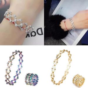Band Rings 2 In 1 Magic Retractable Ring Bracelet Stretchable Twist Folding Crystal Rhinestone Rings Bracelets For Women Jewelry Gift Tiktok