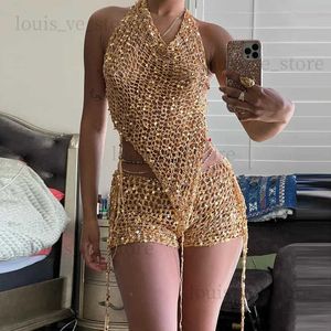 Frauen mit Frauen zwei Stückhosen Pailletten gestrickt zweiteilige Frauen sexy schnüren rückenfreies asymmetrisches Tanktop und Shorts Hohlout Summer Club Anzüge T231204