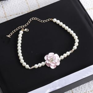 Diamond inlaid Pink camellia flower Choker Necklace pearl tassel necklace engagement wedding bride accessories sweet jewelry HCN1 -20