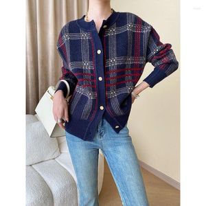 Women's Jackets Autumn Atmosphere Cold White Leather French Retro Check Thickened Knitted Cardigan Sweater