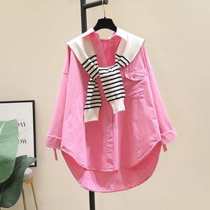 Women's Blouses SuperAen Striped Knit Shawl Long Rose Red Shirt Women Autumn 2023 Korean Loose Shirts Tops