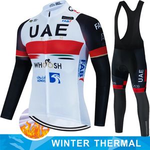 Cycling Jersey Sets UAE Winter Thermal Fleece Set Cycling Clothes Men's Jersey Suit Sport Riding Bike Clothing Bib Pants Warm Sets Ropa 231204