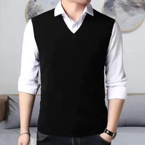 Men's Vests Knitting Basic Tank Top Versatile Mid-aged Knitted Sweater Vest Solid Color V-neck Pullover With Ribbed Cuffs For Spring