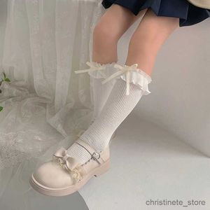 Kids Socks Cute White Black with Ruffles Lace Bow Stitch Stockings Summer Spring Thin Mesh Kids Korean Knee High Long Socks for Baby Girls R231204