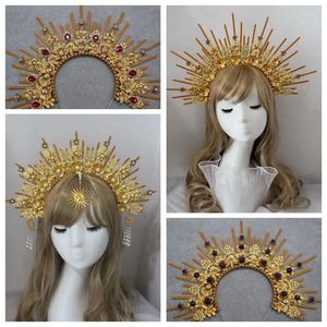 Head Bands Gold Halo Head Band Sun Vaftiz Anne's Crown Tiaras Başlığı Bakire Mary Gotik Meapwear Peri Tanrıça Saç Aksesuarları 231204