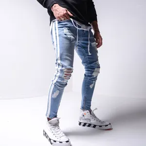 Jeans masculinos magros rasgados homens calças lápis motociclista lado listrado buraco destruído hip hop slim fit homem elástico jean impressão