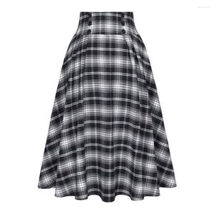 Skirts Autumn Button Mid-length Midi Womens Fashion Casual Skirt High Elastic Waist Pleated Plaid Mujer Falda SS0037