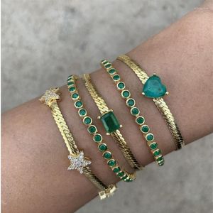 Link Chain 5mm Herringbone With Single Green Heart Rectangle Eye Charm Gold Color European Women Fashion Bracelet Rodn22222K