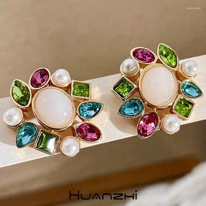 Stud Earrings Colorful Resin Stone White Pearl Geometry Irregular Vintage Luxury Rings For Women Girl Party Jewelry Gift HUANZHI 2024 INS