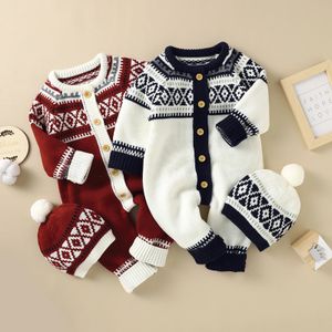 ROMPERS Baby Girls Boys Świąteczny sweter Jacquard ubrania z długim rękawem O szyja guzika romper czapka rozmyta piłka Rok Joksy 231204