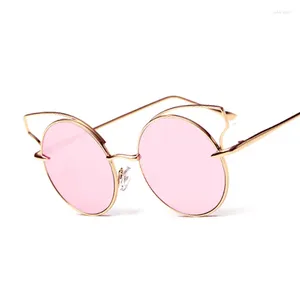 Óculos de sol oco para fora olho de gato rosa espelho marca designer mulheres óculos de sol senhora quadro de metal uv400 tamanho pequeno