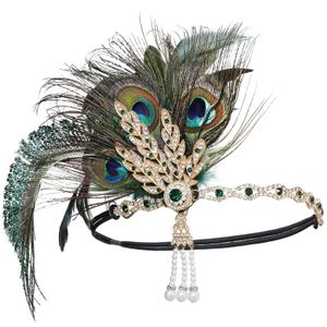 Headbands Peacock Feather Headband 1920 Flapper Girl Headpiece with Rhinestone Tassel Vintage Party Pography Hair Accessories 231204