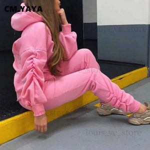 Women's Two Piece Pants CM.YAYA Women Ruched Stacked Two 2 Piece Set Outfits Elegant Hoodies and Jogger Pants Matching Set Autumn Winter Solid Tracksuit T231204