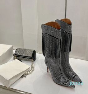 기질 라인 ​​스톤 프린지 부츠 팁 부츠 여자 디자이너 신발 공장 신발 상자