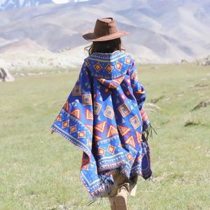 Mulheres malhas mulheres ocidental algodão malha com capuz franja capas xale senhoras moda mexicana impressão oversized poncho envoltório para o outono