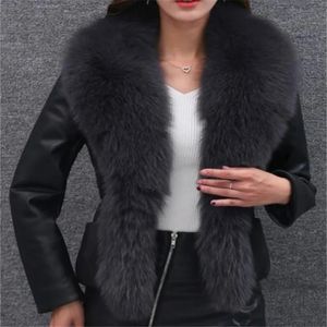 Womens Jackets Europe och USA stor storlek 3XL Kvinnlig kort stycke PU -jackor plus bomullsimitation Fox Hair Fight Big Collar 231204